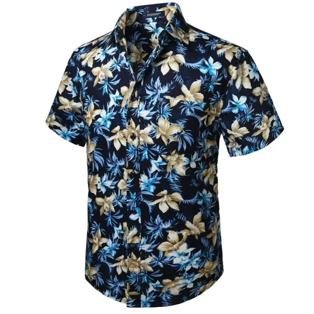 HISDERN Navy Blue Floral Hawaiian Short-Sleeve 100% Cotton Men’s Shirt Size L